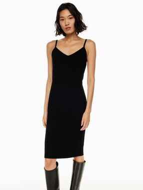 WILFRED Waltz Black Ribbed Knit Midi Dress with Adjustable Straps